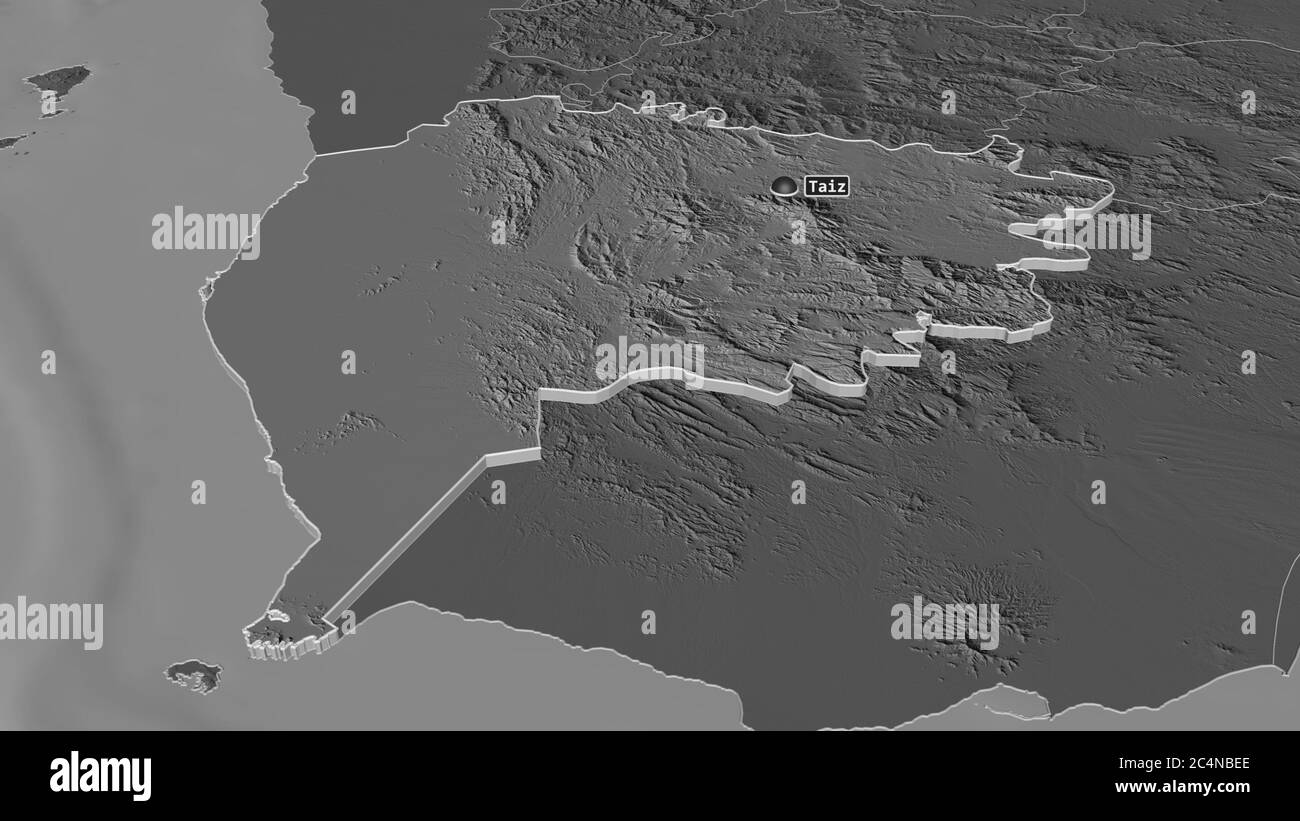 Zoom in auf Ta`izz (Gouvernement des Jemen) extrudiert. Schräge Perspektive. Karte mit bilevel Höhe mit Oberflächengewässern. 3D-Rendering Stockfoto